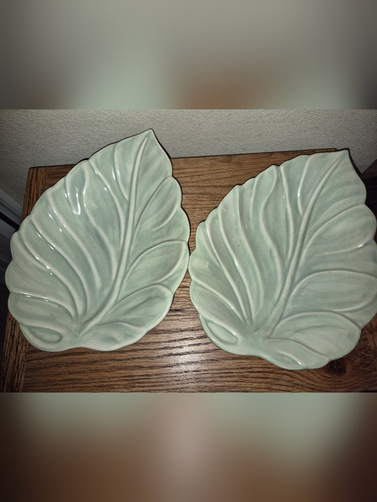 Royal Haeger Other - 2 Vintage Royal Haeger Celadon Green Leaf-Shaped Platters, Serving Dishes
